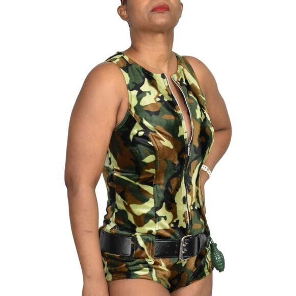 Lip Service Romper Green Vintage One Piece Furry Plush Bodysuit Camo Size Small - Picture 15 of 15